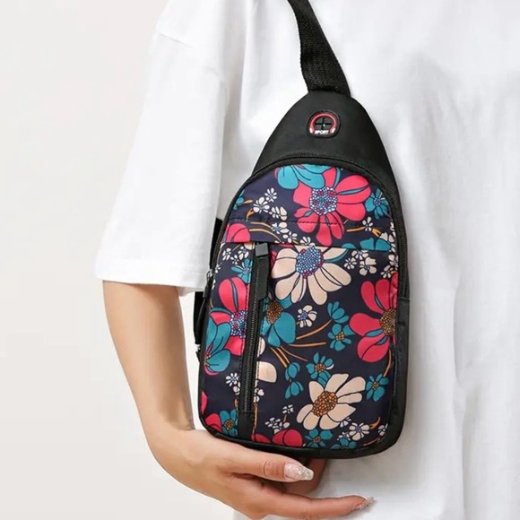 Floral Crossbody Chest Bag - Navy Blue Pink Teal Beige Black & Orange Colors - Picture 4 of 6